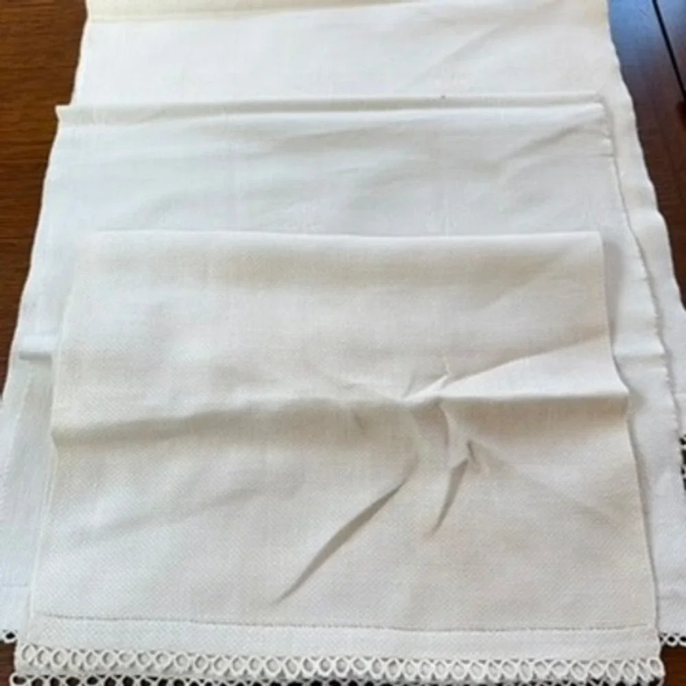 Set of 3 Vintage‎ White Linen Table Runners Damask Fleur de Lis